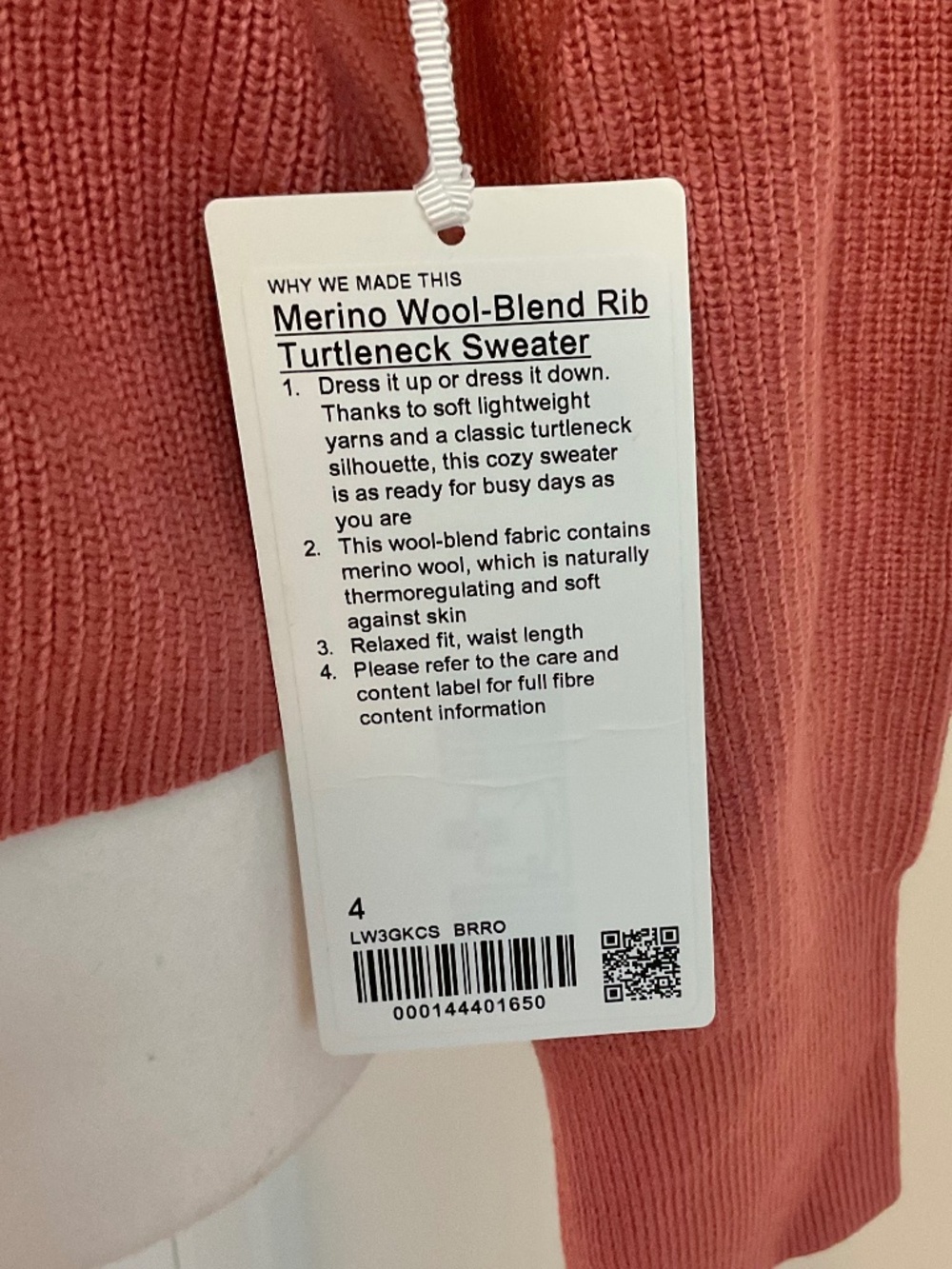 💐NWT💐 Lululemon Merino Wool-Blend Ribbed Turtleneck Brier Rose -size 4 - Picture 5 of 9